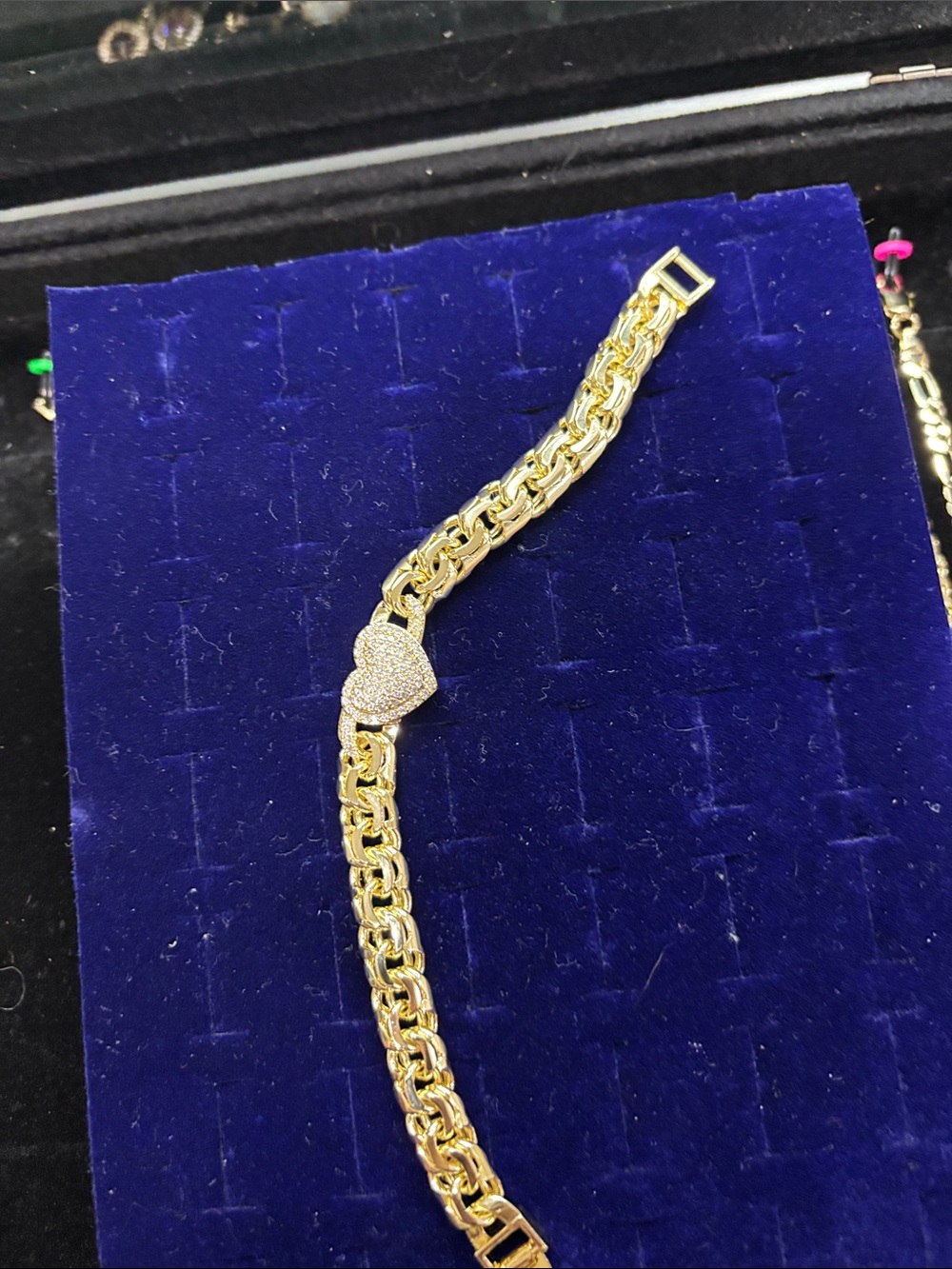 Gold Heart Link Bracelet with Pavé Heart Accent